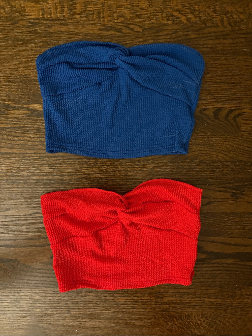 SHEIN Blue & Red Ribbed Strapless Twist Crop Tops